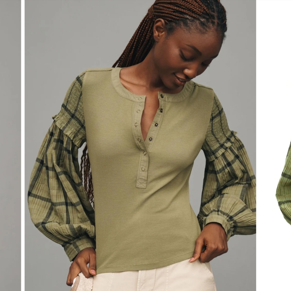 Pilcro Andie Ribbed Henley Top Women's XL Olive Green Plaid Balloon Sleeves Boho